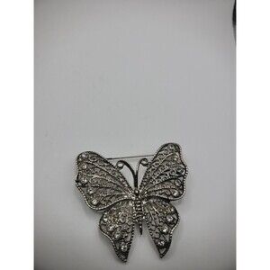 Vintage Brooch Butterfly Silver Tone Cutout Crystal White Jewelry Costume